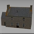 Traditional Stone House Exterior View With Grey Roof Orange Patches Chimneys Windows And Door