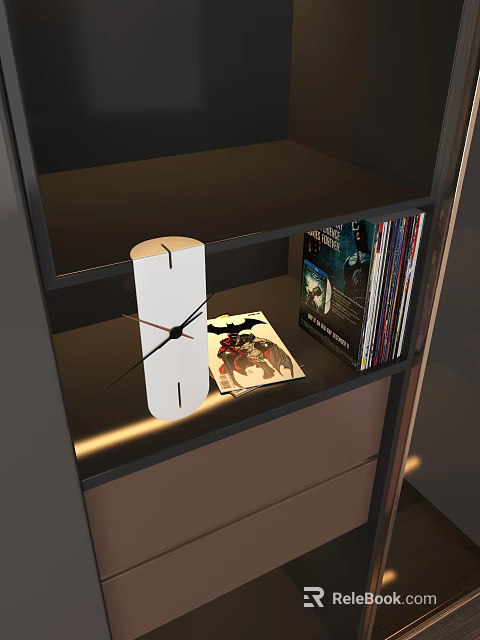 Stylish White Modern Clock on Dark Shelf with Art Print and CDs 3d model 