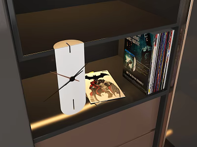 Stylish White Modern Clock on Dark Shelf with Art Print and CDs 3d model