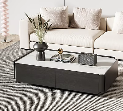 Modern Coffee Table With White Top Black Base And Beige Sofa Pillows Vase Books Radio 3d model