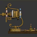 Vintage Golden Mechanical Weapon With Rotating Components Wooden Base And Brass Tubes