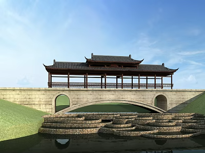 Traditional Chinese Stone Arch Bridge with Wooden Pavilion Roof and Water Reflection in Grassland 3d model