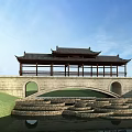 Traditional Chinese Stone Arch Bridge with Wooden Pavilion Roof and Water Reflection in Grassland