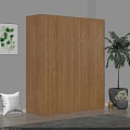 Modern Wooden Four Door Wardrobe with Decorative Painting and Plant in Living Room