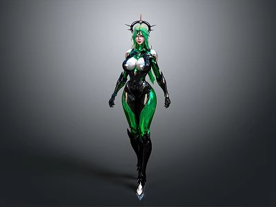 Futuristic Female Character With Green Hair And Crown Headpiece In Black Green Tight Suit 3d model