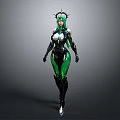 Futuristic Female Character With Green Hair And Crown Headpiece In Black Green Tight Suit