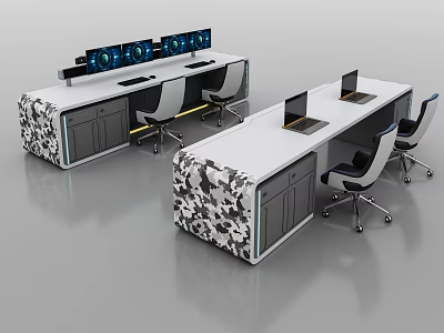 Functional Work Desk With Camouflage Pattern Side Laptops And Rolling Office Chairs 3d model