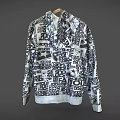 Stylish Black And White Hoodie With Graphic Text Patterns And Zip Front Design