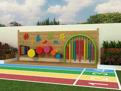 Colorful Musical Playground Equipment With Wooden Background Circular Drums Chime Bars And Colorful Floor 3d model