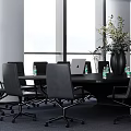Modern Conference Room Interior With Large Table Black Chairs And Green Plants