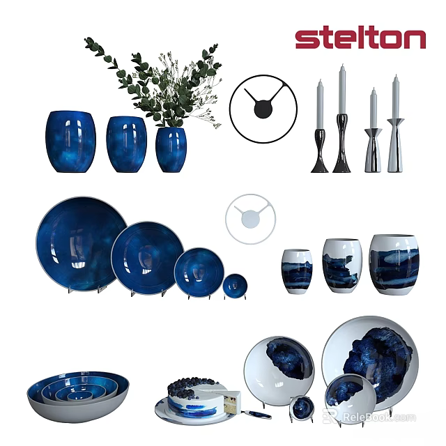 Elegant Blue Kitchenware With Assorted Plates Cups And Decorative Vases 3d model 
