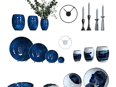 Elegant Blue Kitchenware With Assorted Plates Cups And Decorative Vases 3d model