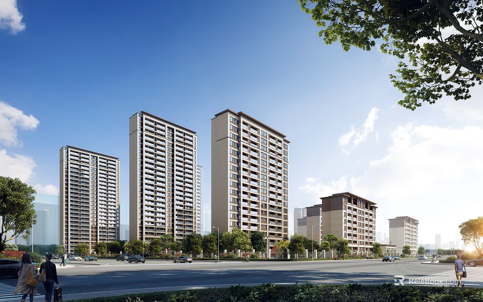 Modern High Rise Residential Buildings With Roads Greenery And Clear Sky 3d model 