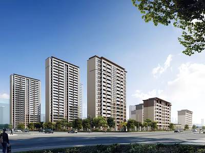 Modern High Rise Residential Buildings With Roads Greenery And Clear Sky 3d model