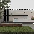 Modern Courtyard Garden Design With Green Plants Wooden Bench And Decorative Wall