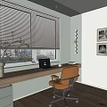 Modern Study Room Home Office Featuring Wooden Desk Laptop Leather Chair And Framed Wall Art