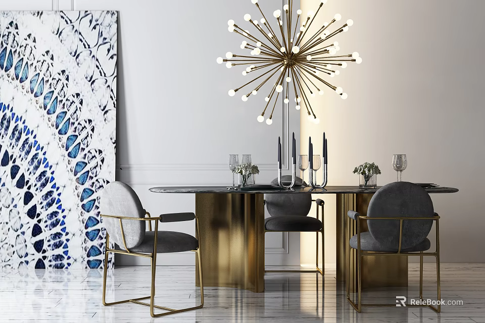 Elegant Modern Dining Table Set With Round Top Grey Chairs Gold Legs And Sputnik Chandelier 3d model 