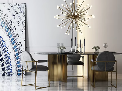 Elegant Modern Dining Table Set With Round Top Grey Chairs Gold Legs And Sputnik Chandelier 3d model