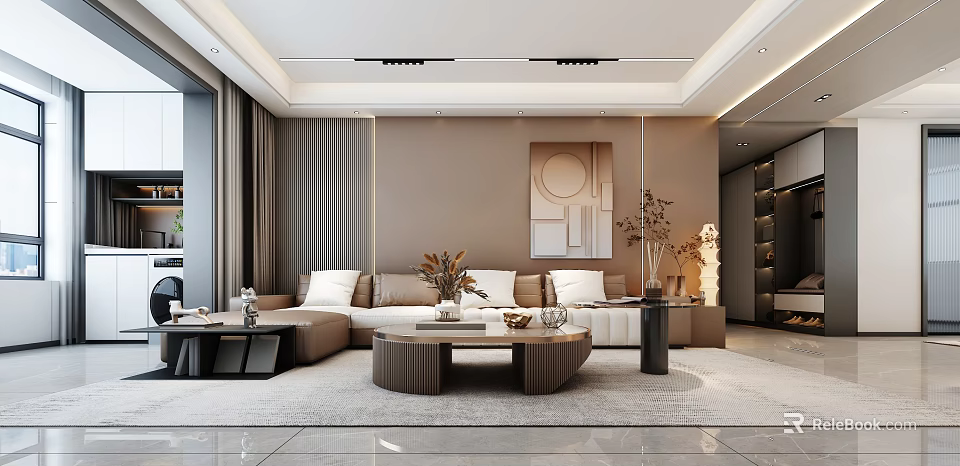 Modern Living Dining Room Interior Design With Sofa Coffee Table And Decorative Painting 3d model 