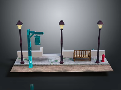 Urban Street Scene Components With Street Lamps Bench Fire Hydrant And Mailbox 3d model