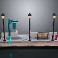 Urban Street Scene Components With Street Lamps Bench Fire Hydrant And Mailbox