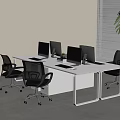 Modern Office Desk With Metal Frame Multiple Computer Monitors And Ergonomic Chairs 3d model