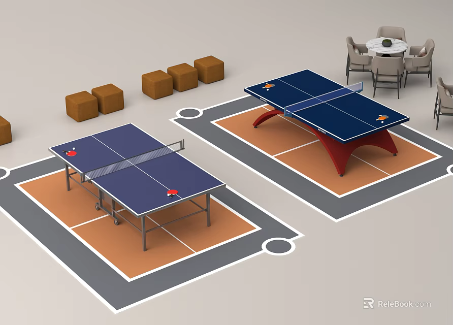 Sports Equipment Ping Pong Tables with Blue Tabletop Red Legs Brown Cubes and Seating Area 3d model 