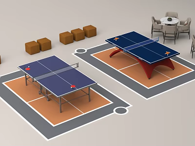 Sports Equipment Ping Pong Tables with Blue Tabletop Red Legs Brown Cubes and Seating Area 3d model