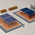 Sports Equipment Ping Pong Tables with Blue Tabletop Red Legs Brown Cubes and Seating Area