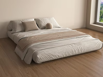Comfortable Double Bed With Light Colored Sheets Pillows On Wooden Floor By Window With View 3d model