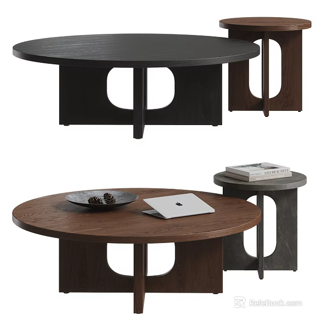 Modern Minimalist Wooden Coffee Tables Round Top Cut-Out Legs With Side Table Notebook And Tray 3d model 