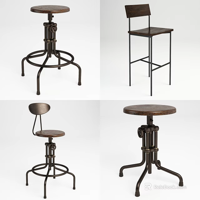Vintage Industrial Bar Stools With Metal Frame And Wooden Seat Design 3d model 
