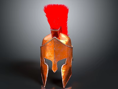 Ancient Greek Style Copper Helmet Sculpture With Red Plume Decoration 3d model