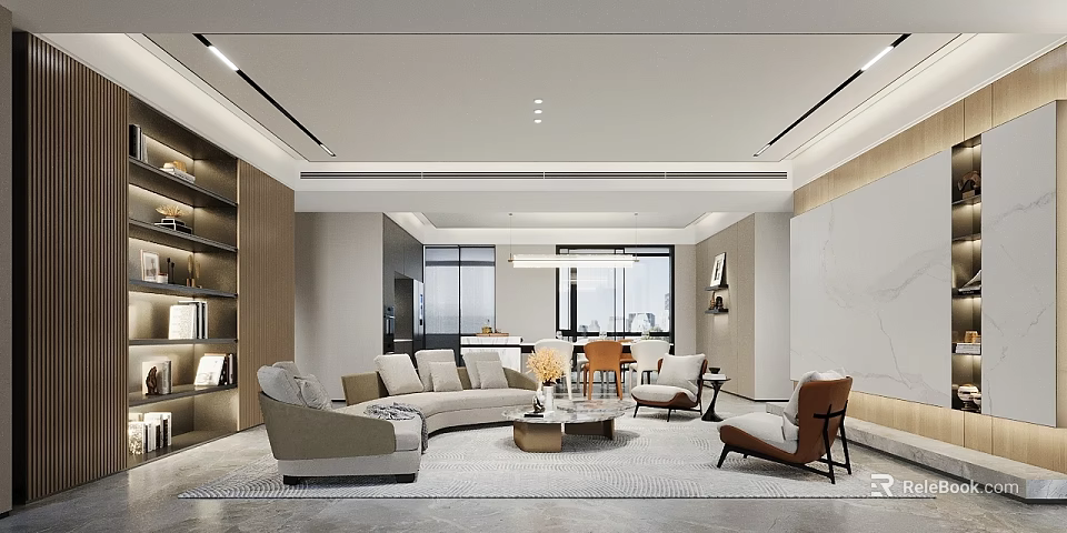 Modern Living Dining Room Interior With Open Layout Light Gray Sofa Armchairs Round Coffee Table 3d model