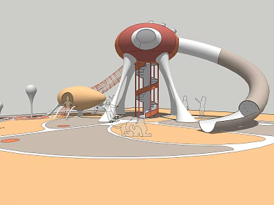 Fun Playground Equipment With Red Dome Structure Spiral Slide Climbing Net And Orange Ground 3d model