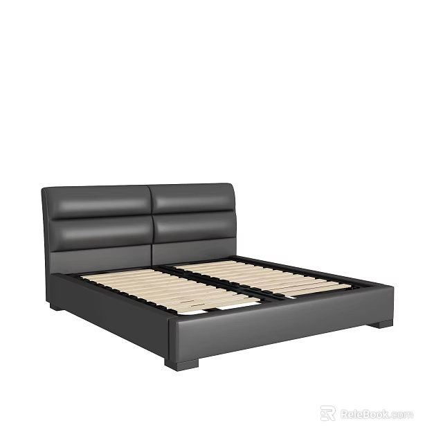 Modern Black Leather Double Bed With Sleek Headboard And Wooden Slats Frame 3d model 
