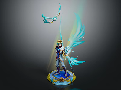 Mythical Warrior Figure With Small Flying Creature Blue Glowing Wings Golden Accents Illuminated Base 3d model