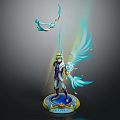 Mythical Warrior Figure With Small Flying Creature Blue Glowing Wings Golden Accents Illuminated Base