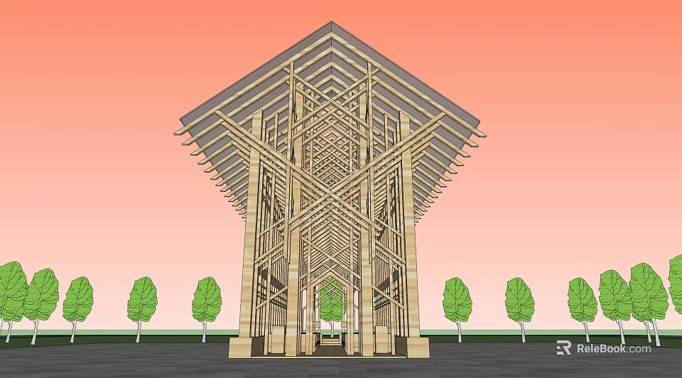 Sacred Religious Building With Wooden Frame Triangular Roof Cross Beams Under Orange Sky 3d model 