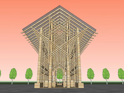 Sacred Religious Building With Wooden Frame Triangular Roof Cross Beams Under Orange Sky 3d model