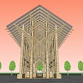 Sacred Religious Building With Wooden Frame Triangular Roof Cross Beams Under Orange Sky