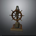 Vintage Wooden Ship Wheel Decorative Ornament With Central Column And Carved Base