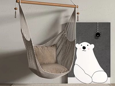 Woven Hanging Chair With Wooden Rod And Beige Cushion For Indoor Decor 3d model