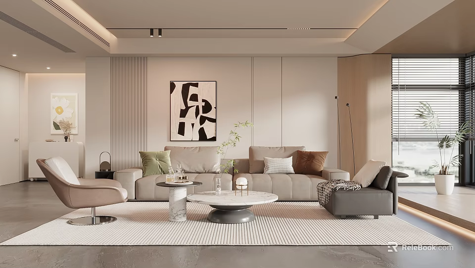 Modern Living Room Interior With Beige Sofa Coffee Tables And Abstract Artwork 3d model 