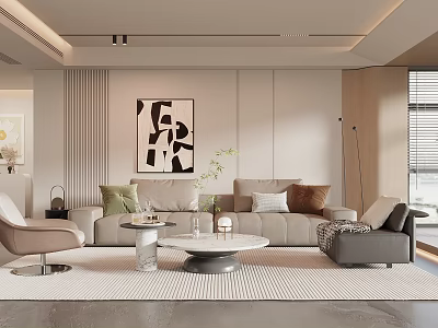 Modern Living Room Interior With Beige Sofa Coffee Tables And Abstract Artwork 3d model
