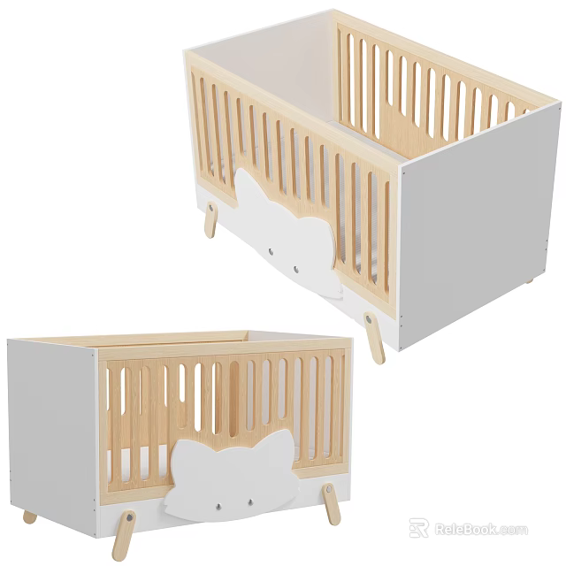 Wooden Baby Crib With White Frame And Cute Bear Shape Railings Design 3d model 