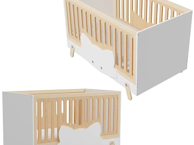 Wooden Baby Crib With White Frame And Cute Bear Shape Railings Design 3d model