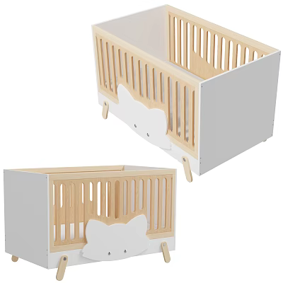 Wooden Baby Crib With White Frame And Cute Bear Shape Railings Design 3d model
