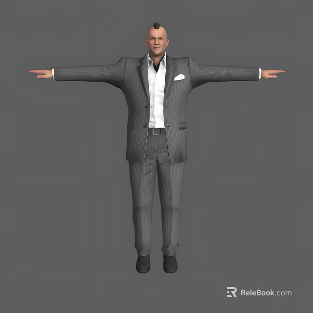 Man in Striped Suit Standing with Arms Outstretched Against Gray Background 3d model 