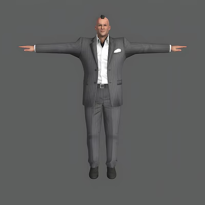 Man in Striped Suit Standing with Arms Outstretched Against Gray Background 3d model